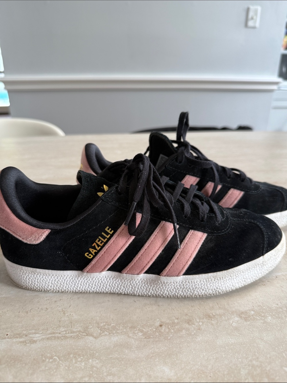adidas Gazelle Black Suede Sneakers with Pink Stripes